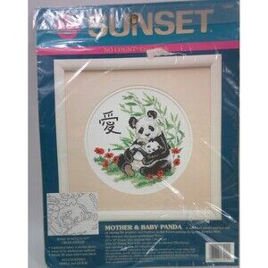 Vintage 1992 Sunset Cross Stitch Kit Mother and Baby Panda Emma Mae 13909 New